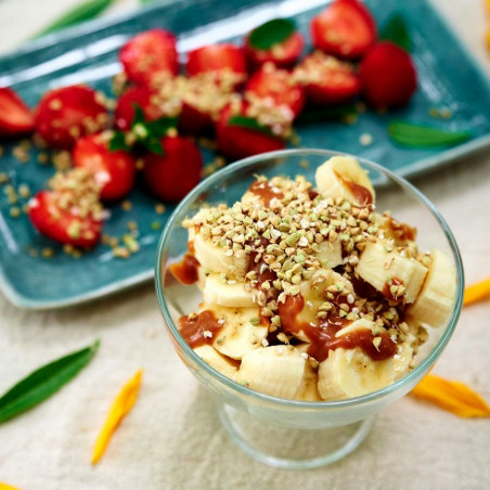 sarrasin germé bio dessert banane caramel et fraise healthy