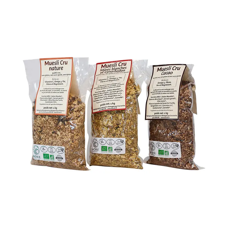 gamme muesli cru biovie 1 kg : nature, cacao et mure blanche