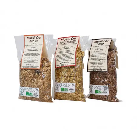 gamme muesli cru biovie 1 kg : nature, cacao et mure blanche