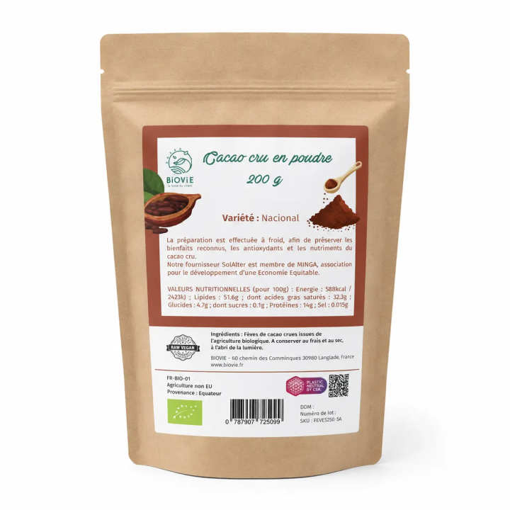 Polvo de cacao crudo orgánico (variedad Nacional)
