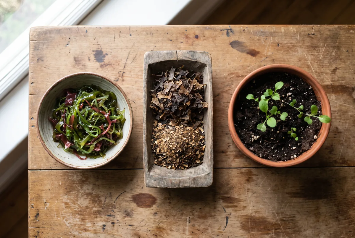 Algues en salade, en farine dans une auge et au pied de jeunes plants