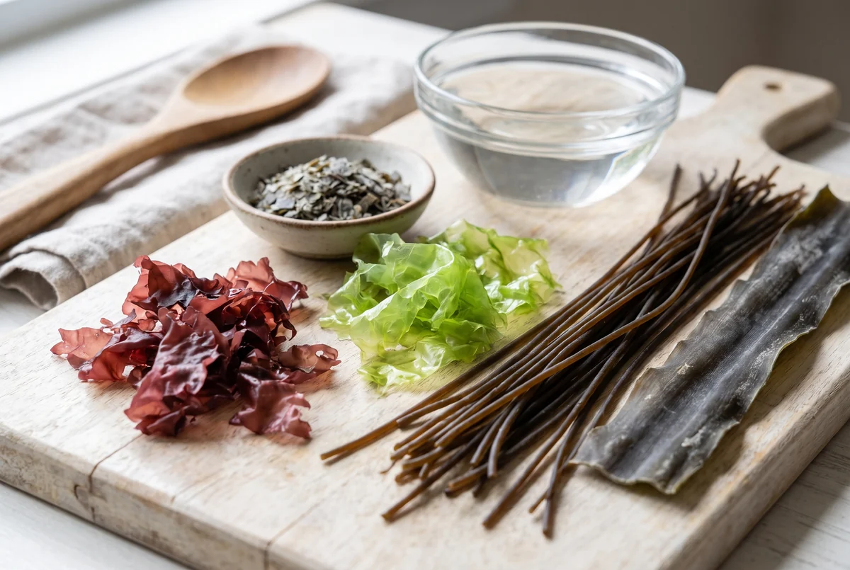 Algues fraîches et sèches, dulse, laitue de mer, haricot de mer et kombu sur planche