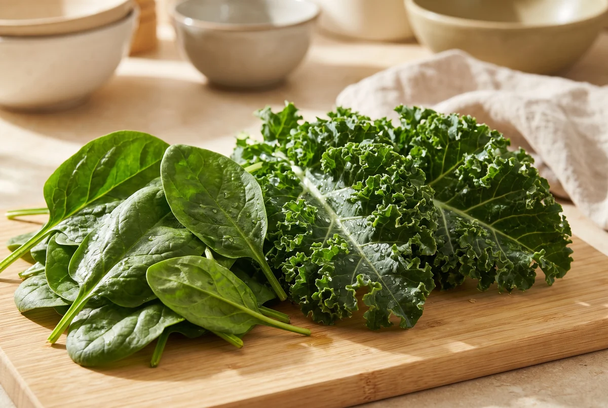 Feuilles d'épinard frais et de chou kale côte à côte sur une planche en bois