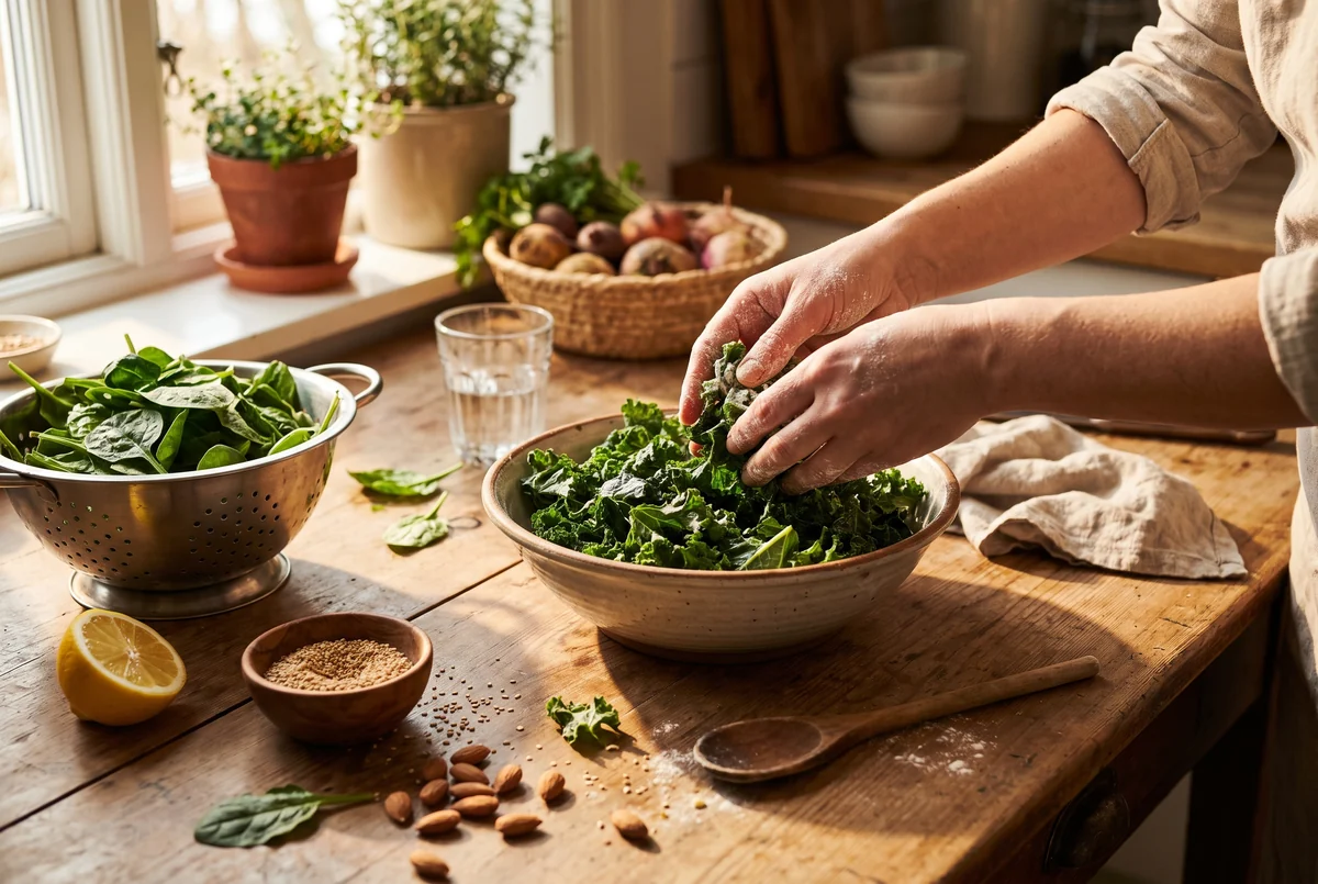 Mains massant du chou kale dans un saladier, épinards frais, sésame, amandes et citron sur une table en bois