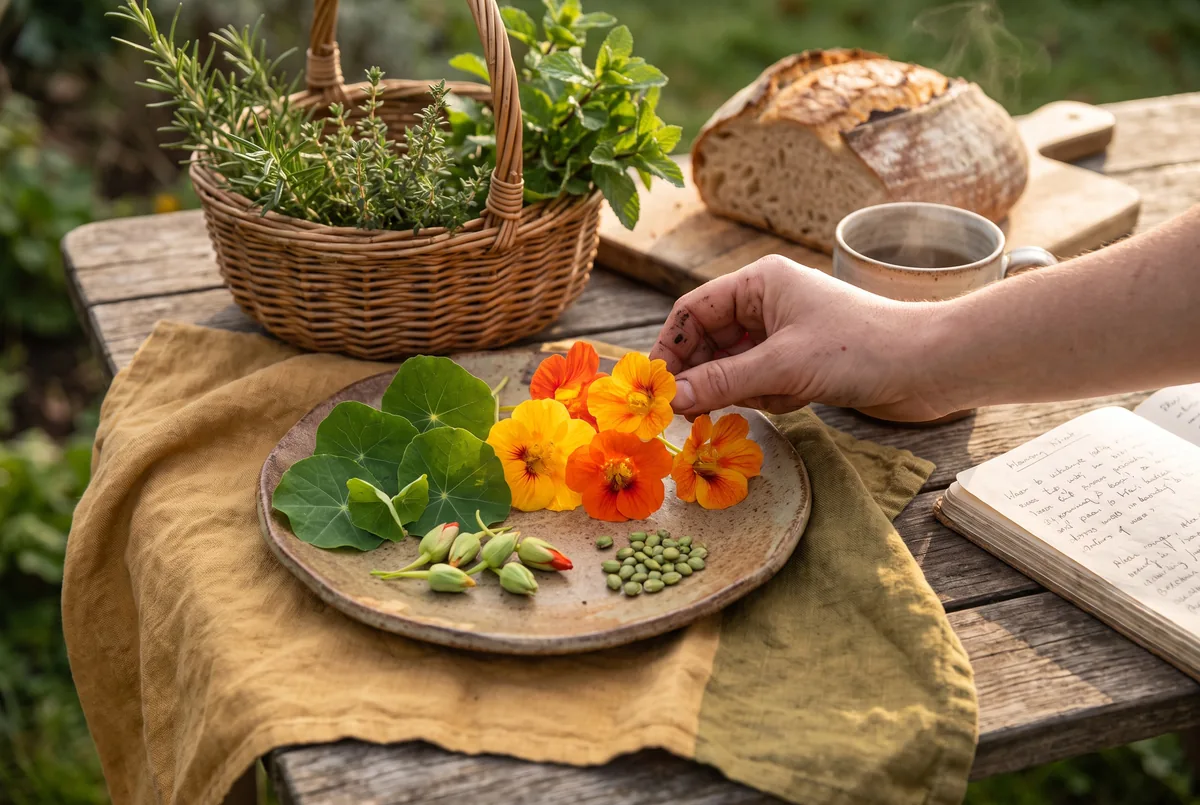 Fleurs, jeunes feuilles, boutons et graines vertes de capucine sur une table en bois
