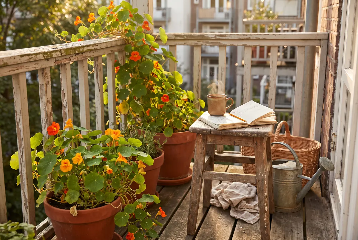 Capucines naines et grimpantes en pots sur un balcon ensoleillé, fleurs et feuilles visibles