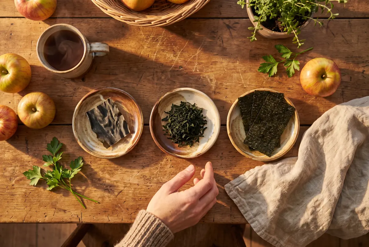 Trois coupelles : éclat de kombu, pincée de wakamé et feuilles de nori