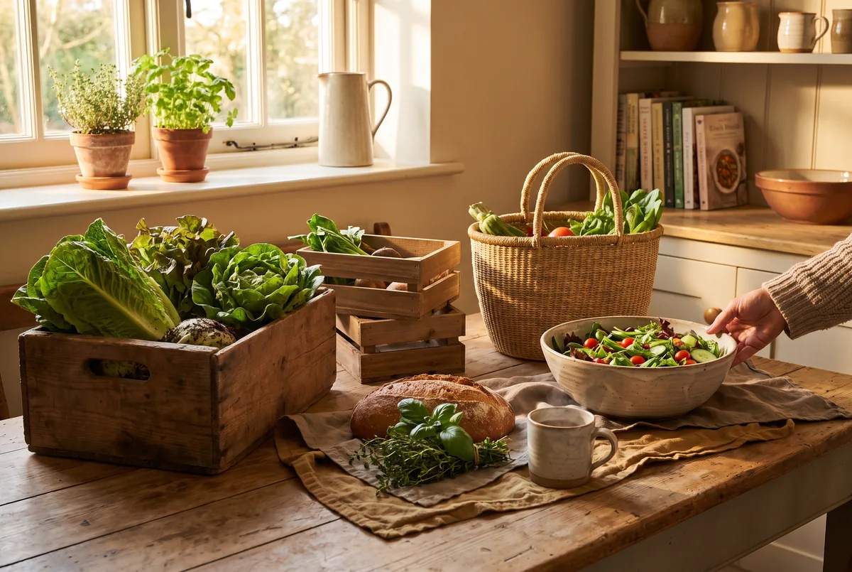Salades passant de la caisse de récolte au panier puis au saladier