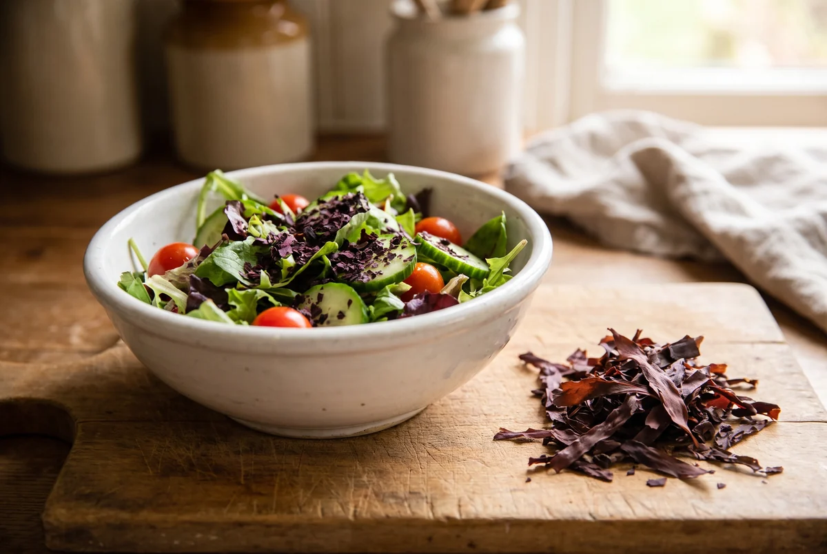 Flocos de dulse seca polvilhados sobre uma salada