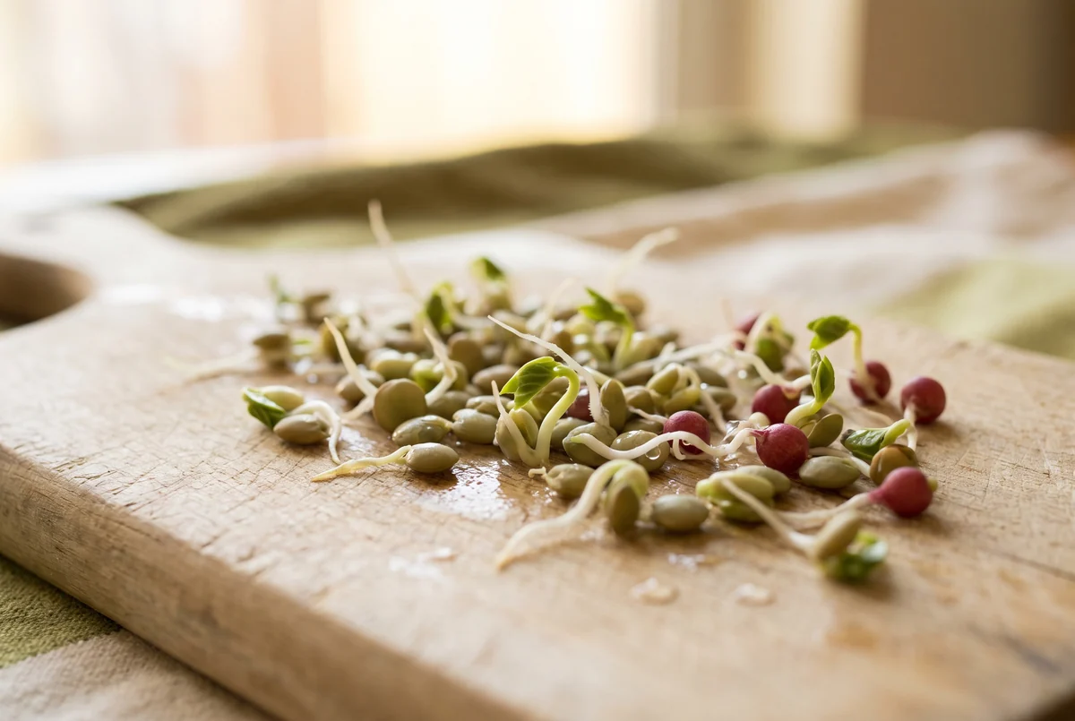 Close-up of sprouted lentils and radish seeds with their tiny rootlets