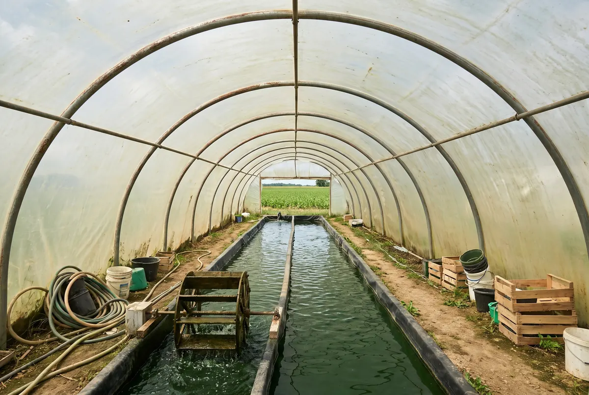 Openluchtbassin voor de kweek van spirulina, met een sojaveld op de achtergrond