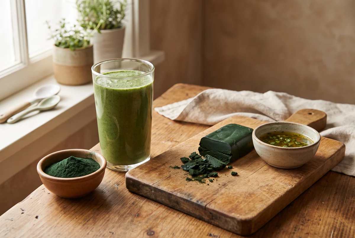 Chlorellapoeder en verse, uitgebrokkelde spirulina voor een smoothie en een vinaigrette