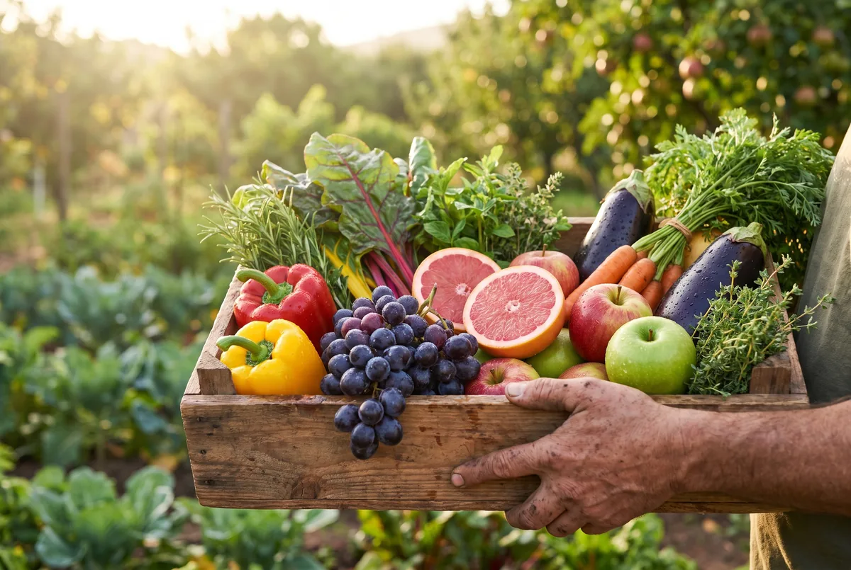Mains d'un maraîcher tenant une cagette débordant de fruits et légumes bio fraîchement cueillis au potager