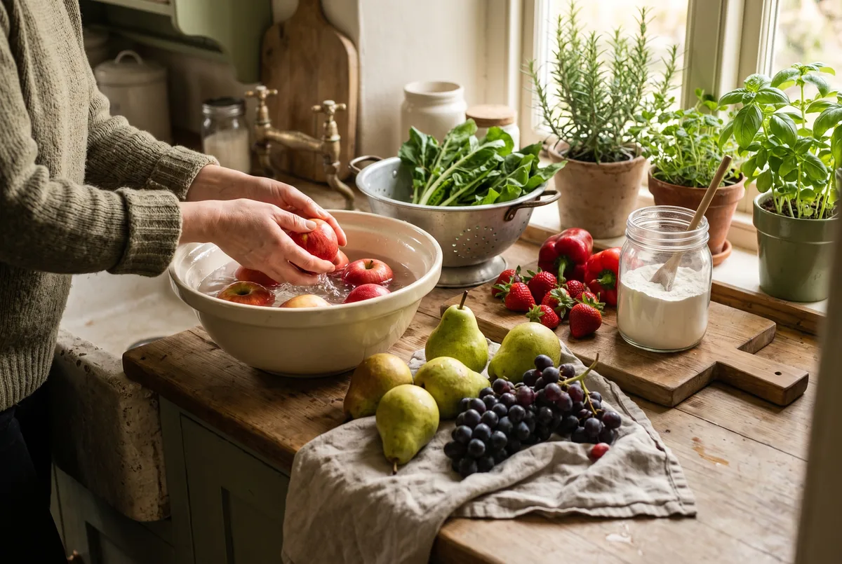 Mains lavant des pommes dans une bassine d'eau claire, fruits et légumes frais qui s'égouttent autour