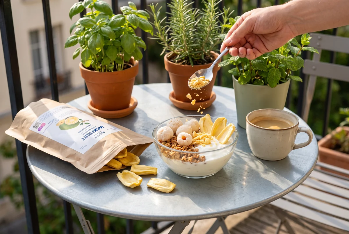 Bol de yogur con granola, lichi y yaca liofilizados y un paquete de yaca abierto