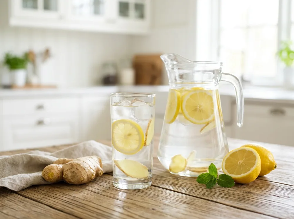 Jarra y vaso de agua de jengibre con limón, con rodajas de limón y de jengibre