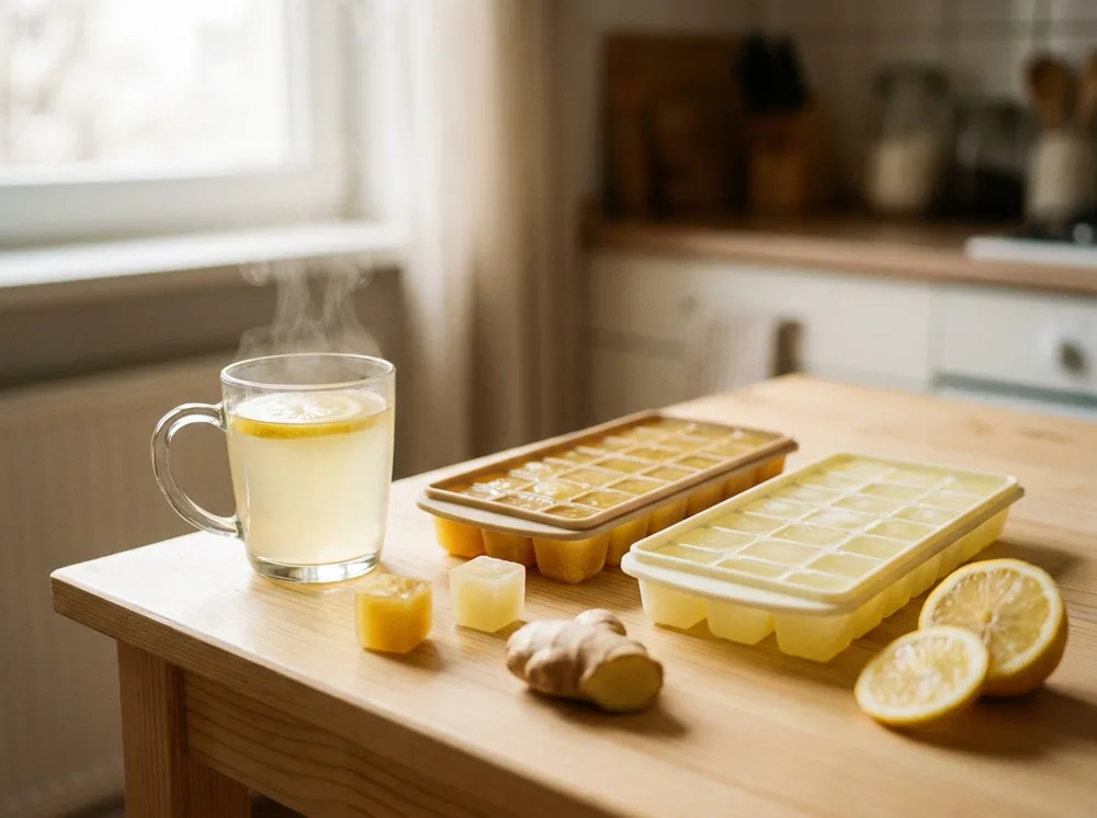 Tasse d'eau chaude gingembre citron et bacs à glaçons de jus de gingembre et de citron