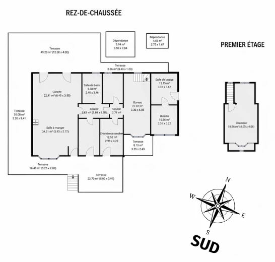 Plan sytuacyjny domu na sprzedaż w Langlade — parter, piętro, jurta, basen, tarasy