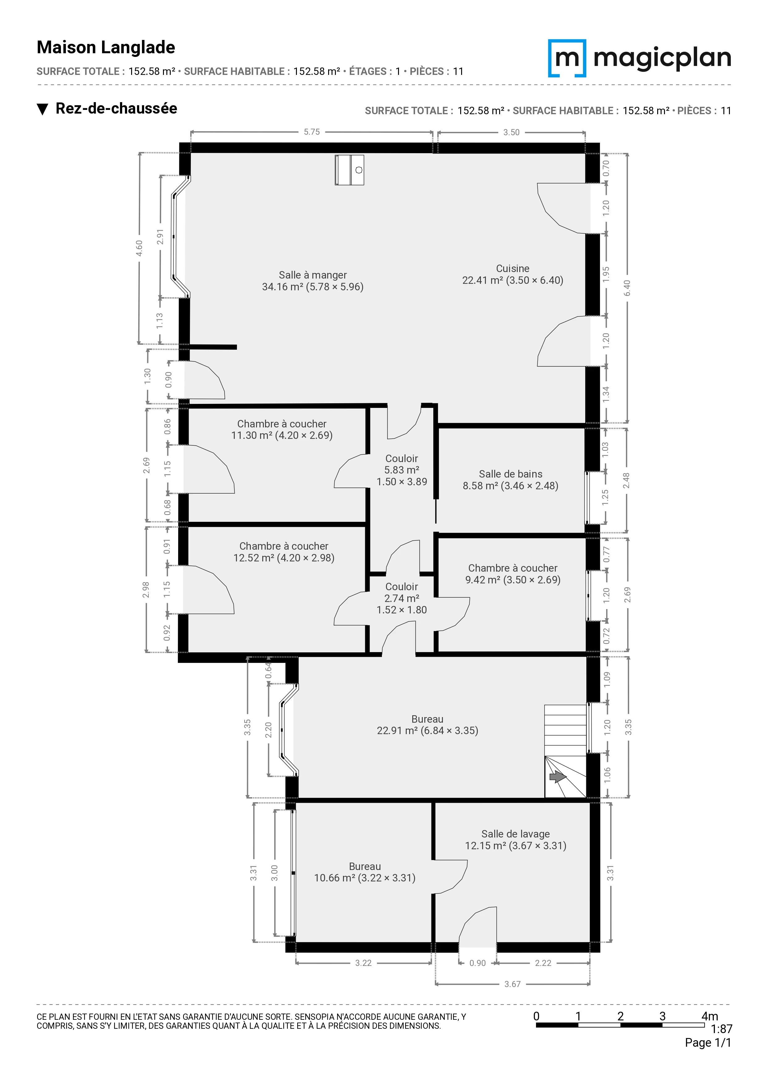 Szczegółowy plan parteru domu w Langlade — przestrzeń dzienna, sypialnie, gabinety, łazienka