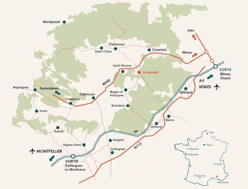 Mapa Vaunage i okolicznych wiosek, lokalizująca Langlade w sercu doliny