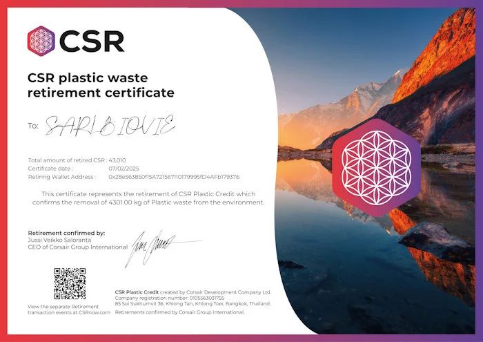 CSR-Zertifikat über die Entnahme von Plastikabfällen