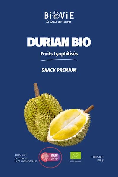 Bio-Durian von Biovie mit dem Logo Plastic Neutrality