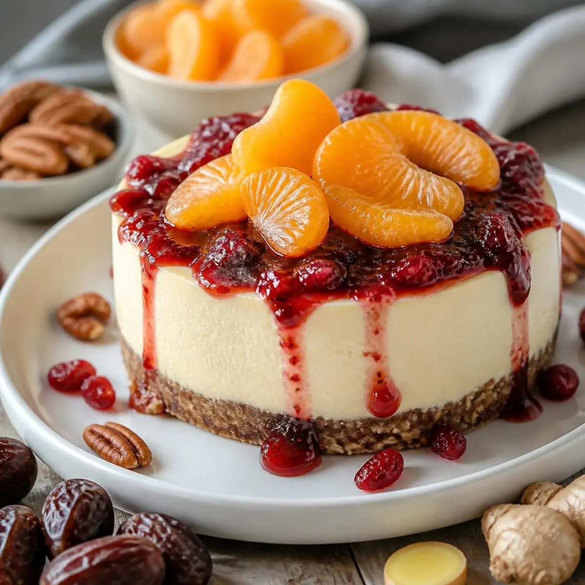 Roher Mandarinen-Cheesecake mit Pekannuss-Ingwer-Boden und Preiselbeer-Granatapfel-Kompott