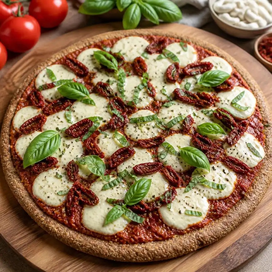 Pizza crue aux tomates séchées et mozzarella végétale