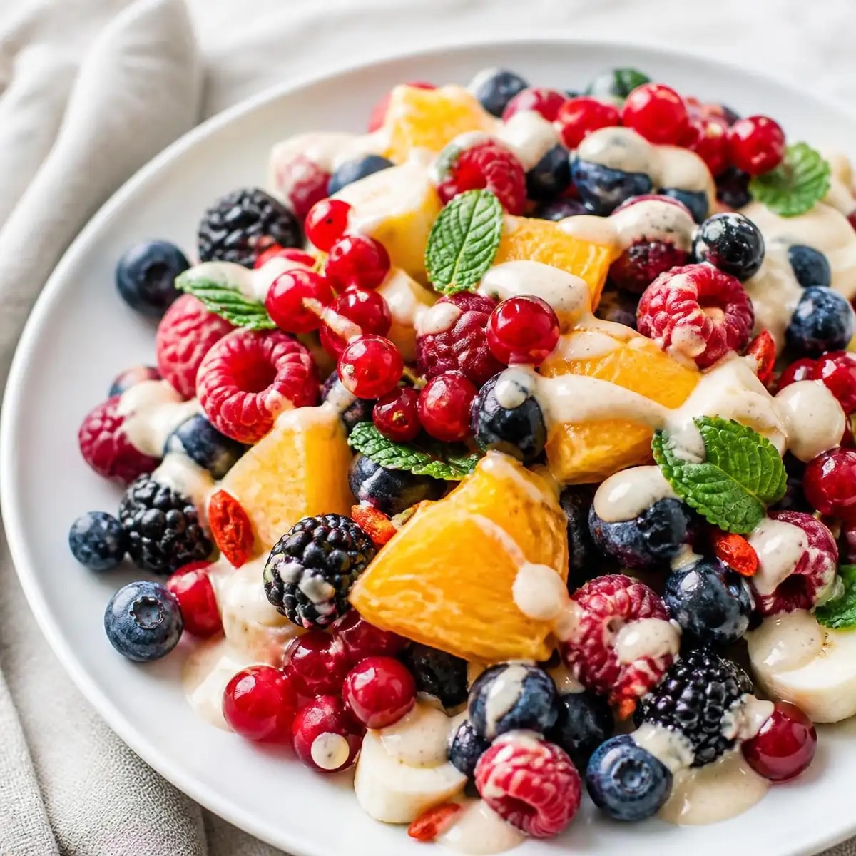 Salade de fruits arc-en-ciel et sauce tahini au citron