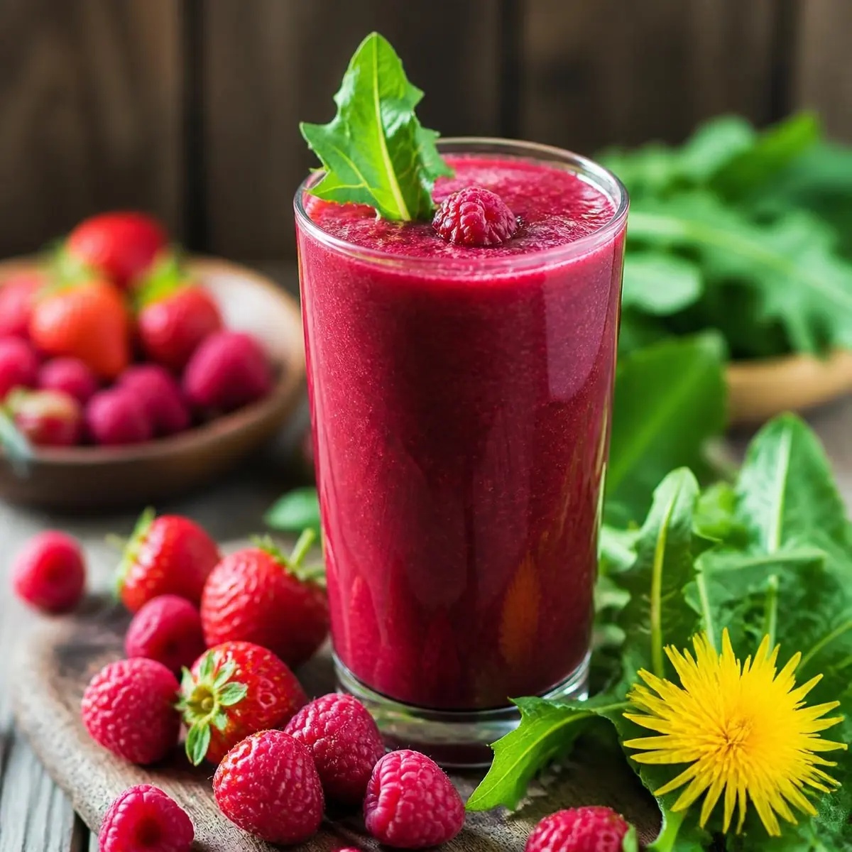 Jus cru de pissenlit, fraise et framboise