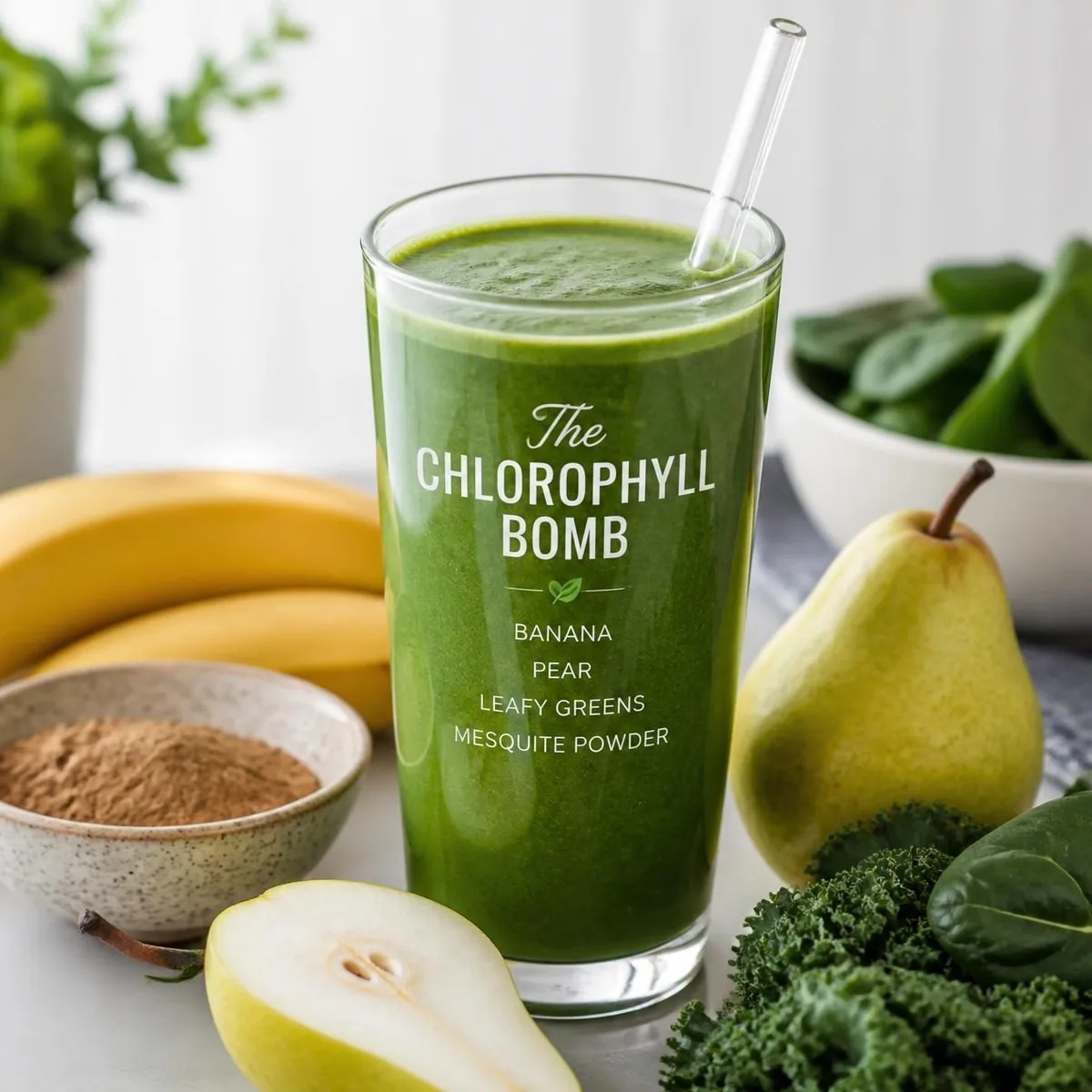 Smoothie vert banane, poire et herbe d'orge