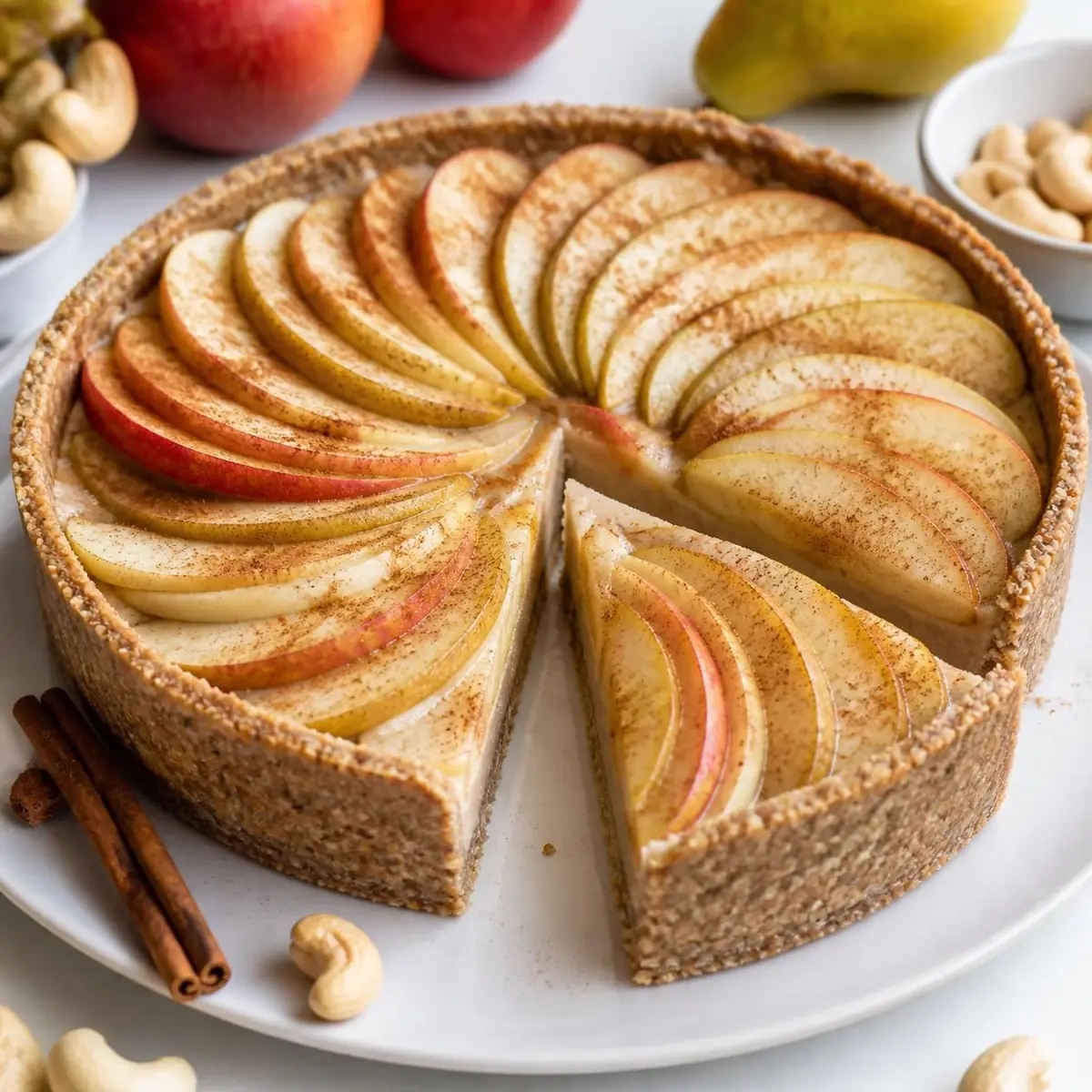 Tarte crue pomme-poire à la cannelle, croûte cajou-coco