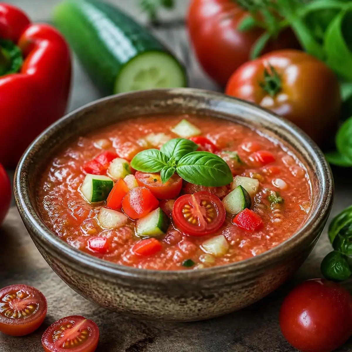 Gaspacho du jardin : tomates, poivrons et concombre
