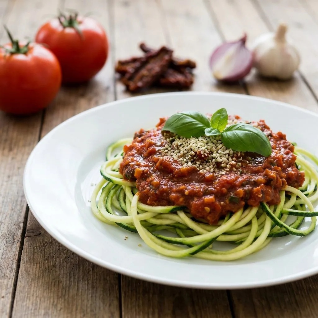 Spaghettis de courgette crue, sauce marinara aux tomates séchées