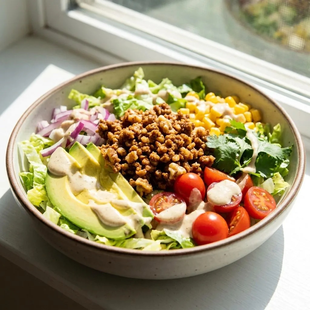 Salade taco crue, hachis de noix épicé et guacamole