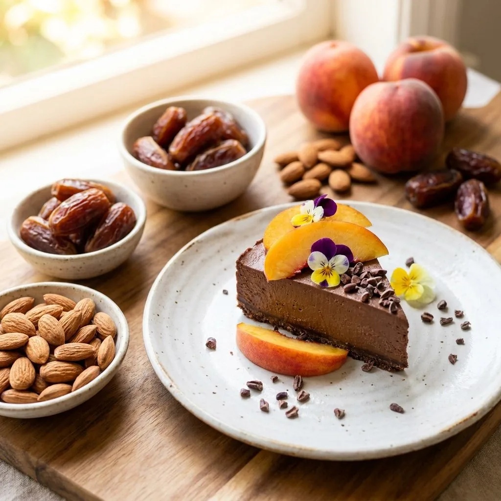 Gâteau cru chocolat-pêche, coque de chocolat et caroube