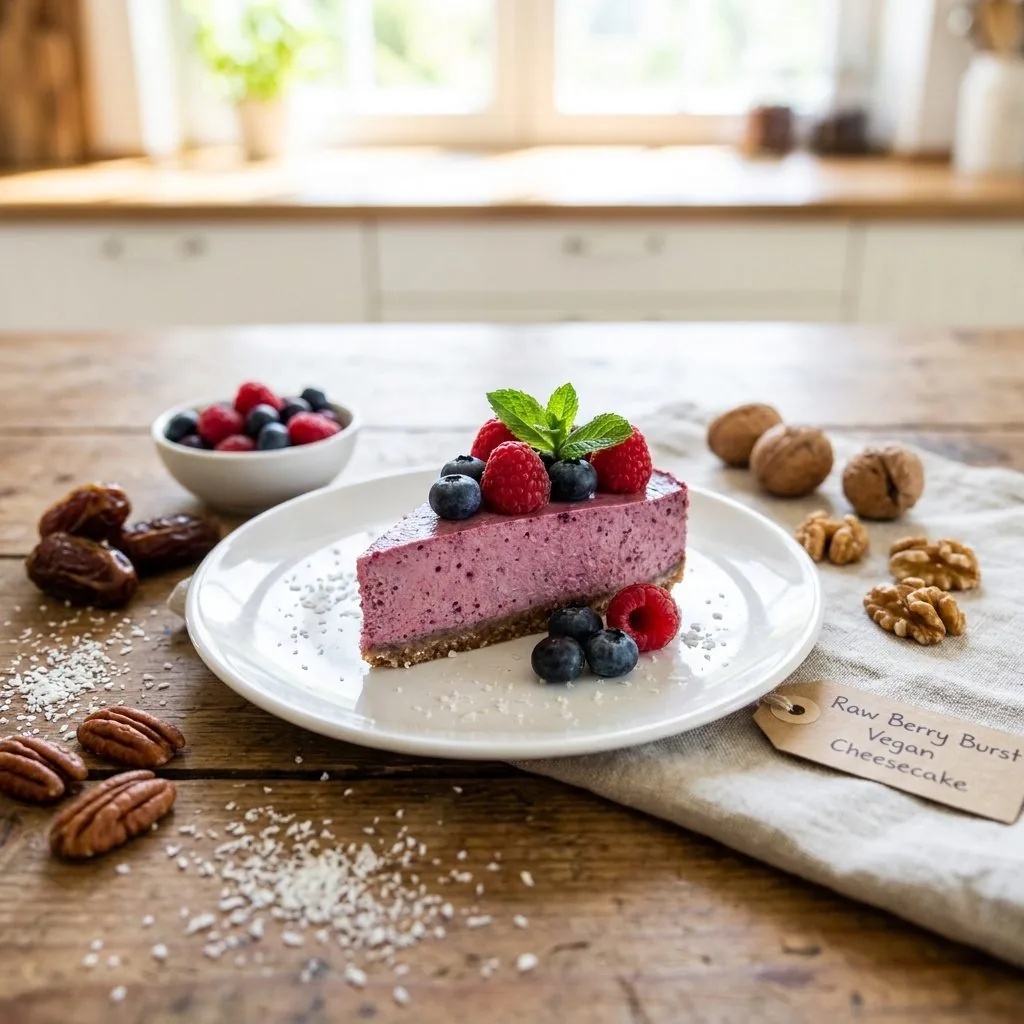 Cheesecake cru aux fruits rouges, croûte noix et raisins secs