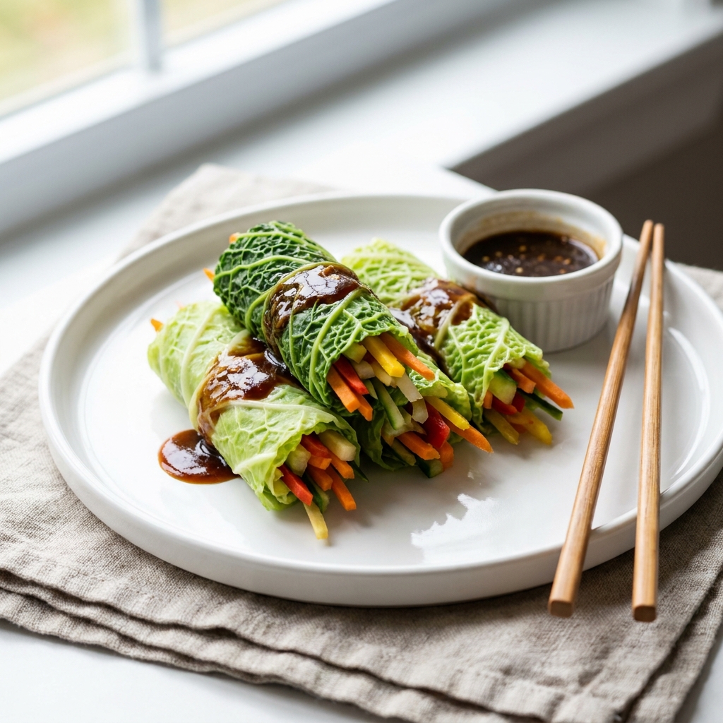 Rouleaux crus en feuille de chou vert, sauce gingembre-tamari