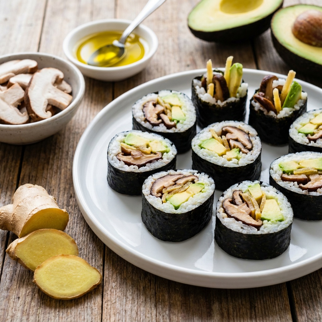 Makis crus com shiitake marinado, abacate e gengibre cristalizado