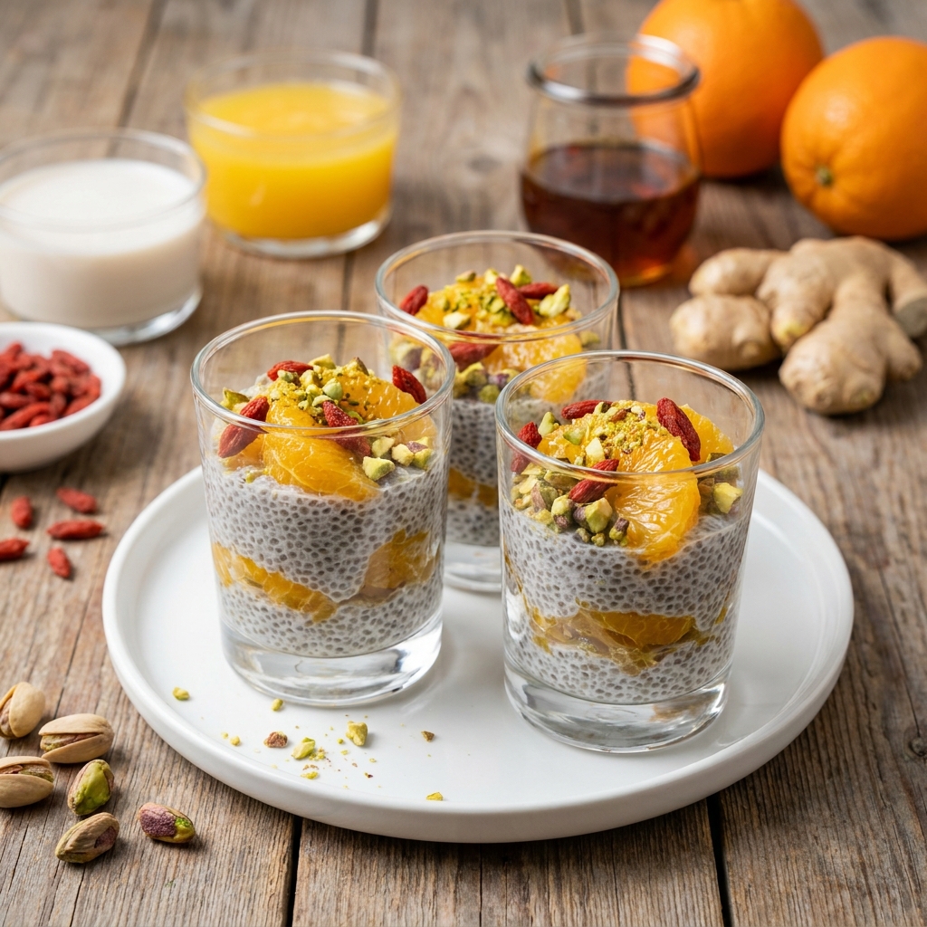 Chiapudding-potjes met sinaasappel en gember, pistache en goji