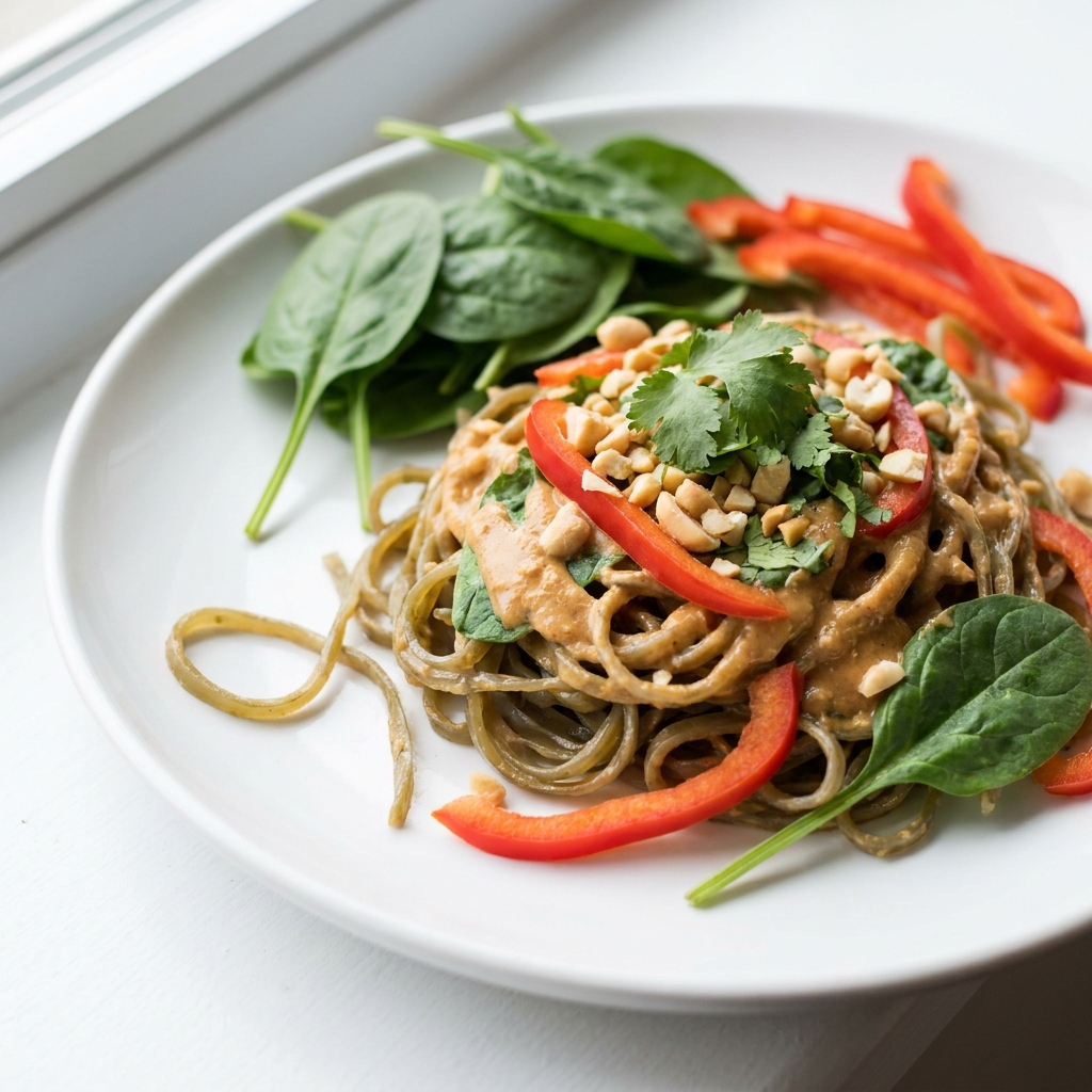 Noodle di alga con salsa piccante alle arachidi e cocco