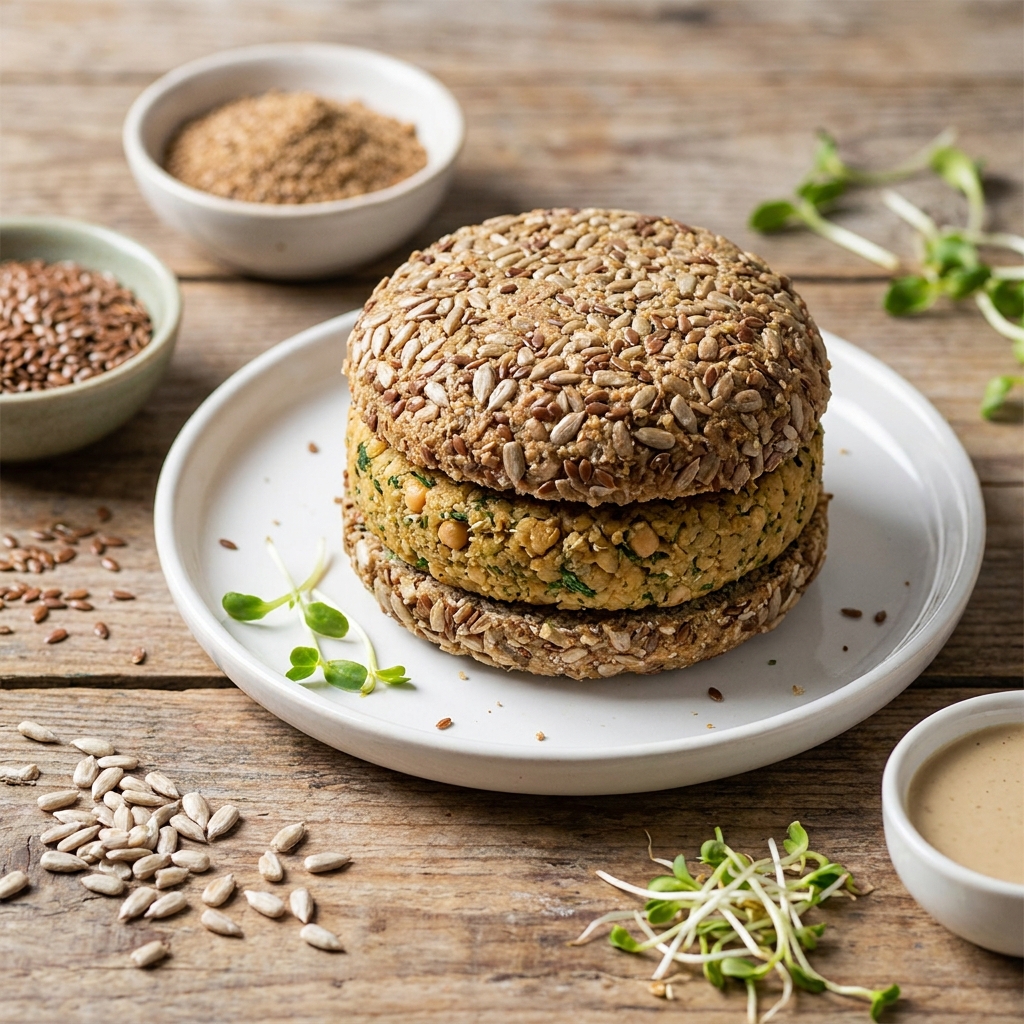 Raw Burger: Sunflower Seed Bread and Sprouted Chickpea Patty