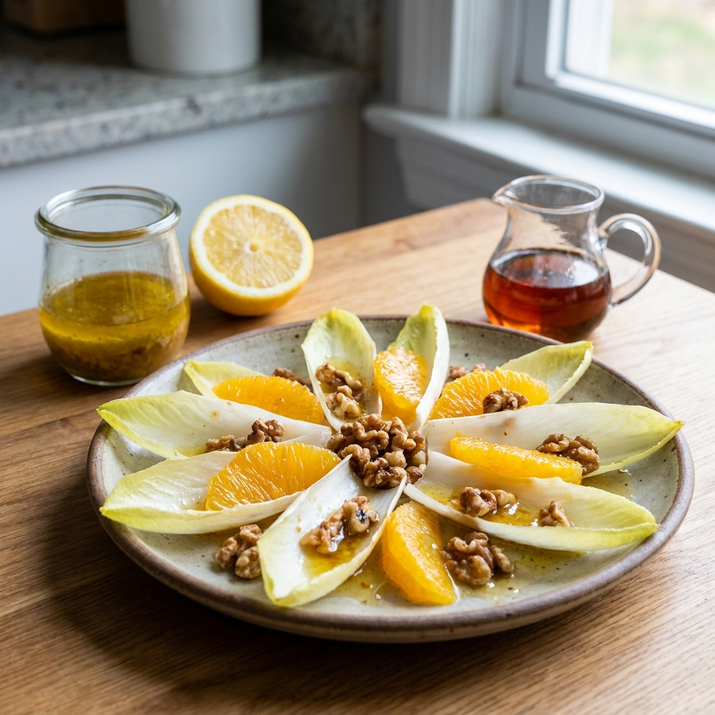 Ensalada de endibias con naranja y nueces, vinagreta de aceite de nuez