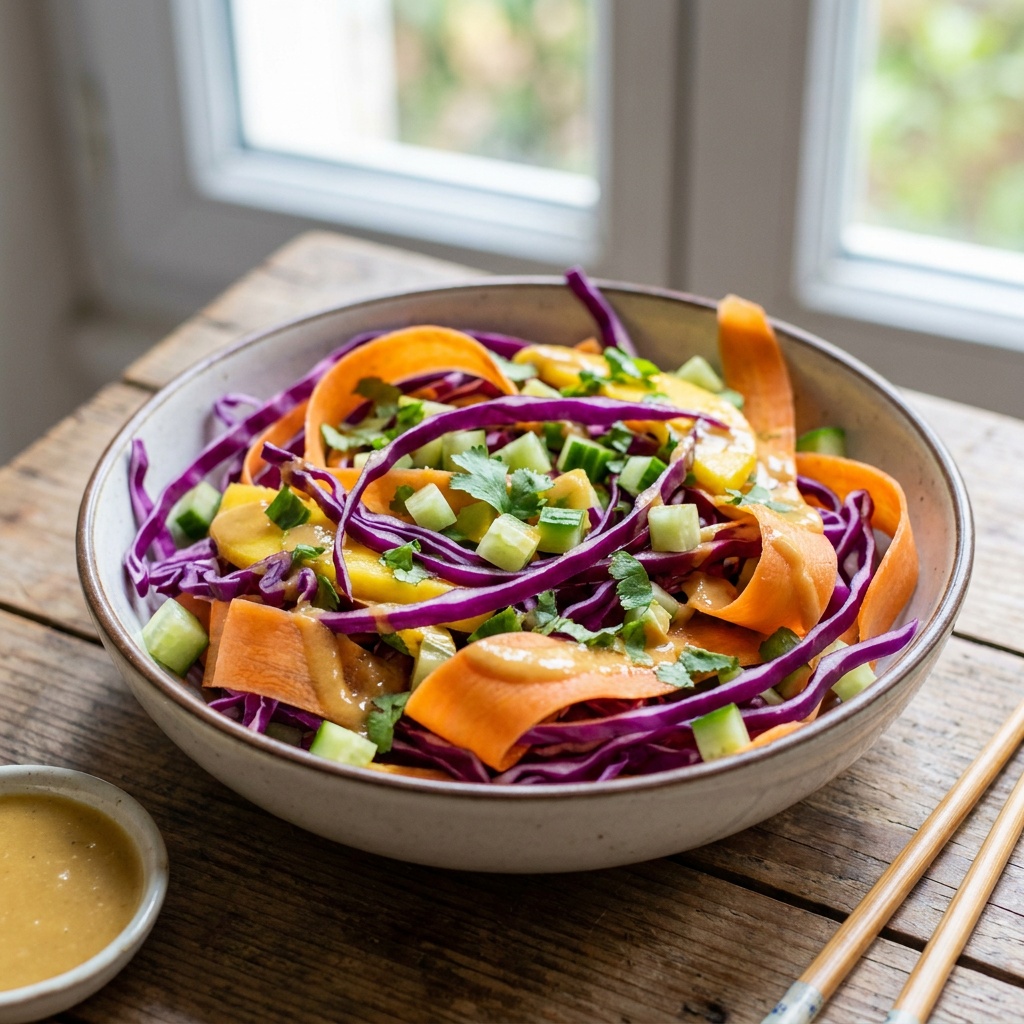 Salada de couve-roxa e manga com molho de misô e gengibre