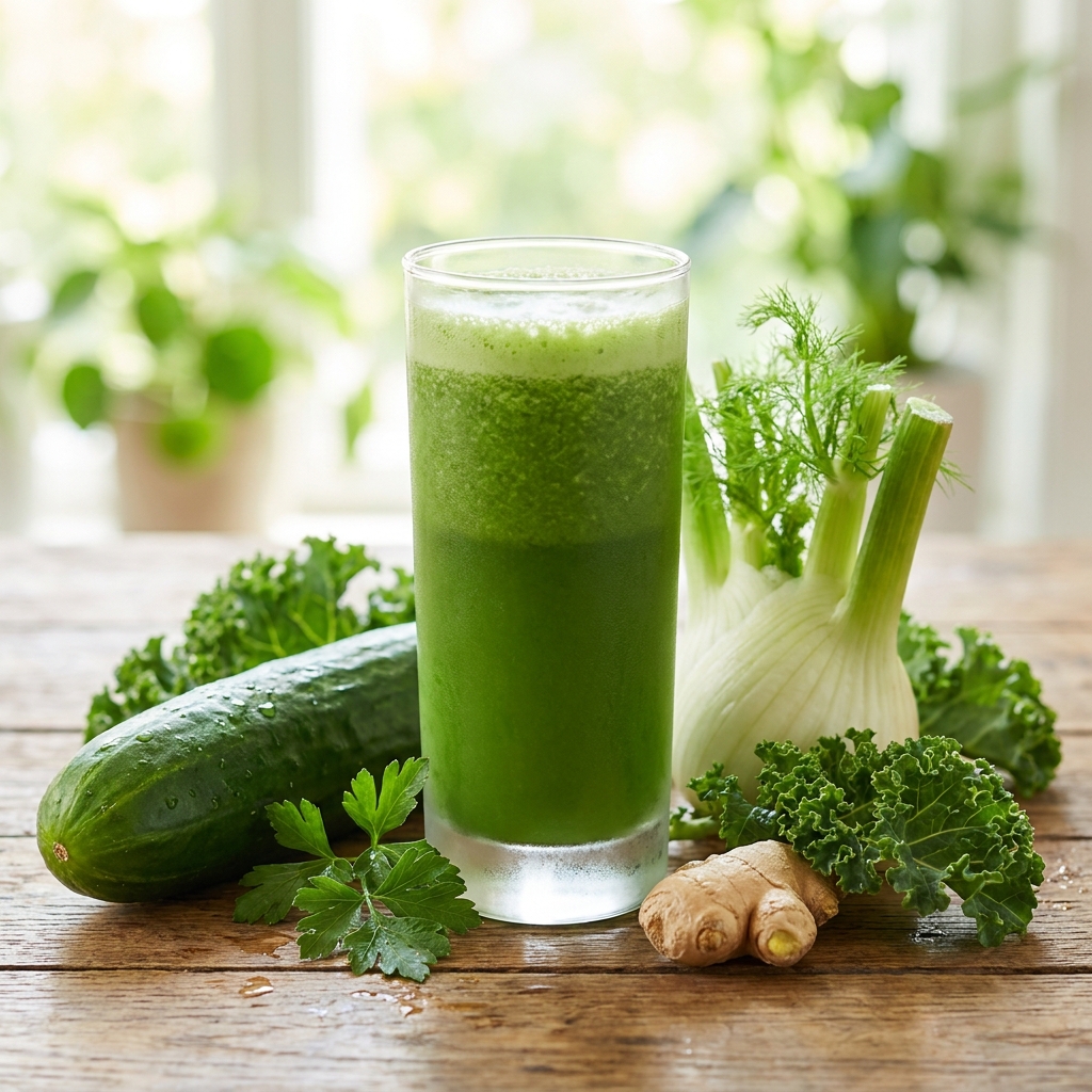Jus vert quotidien : concombre, fenouil, kale et gingembre