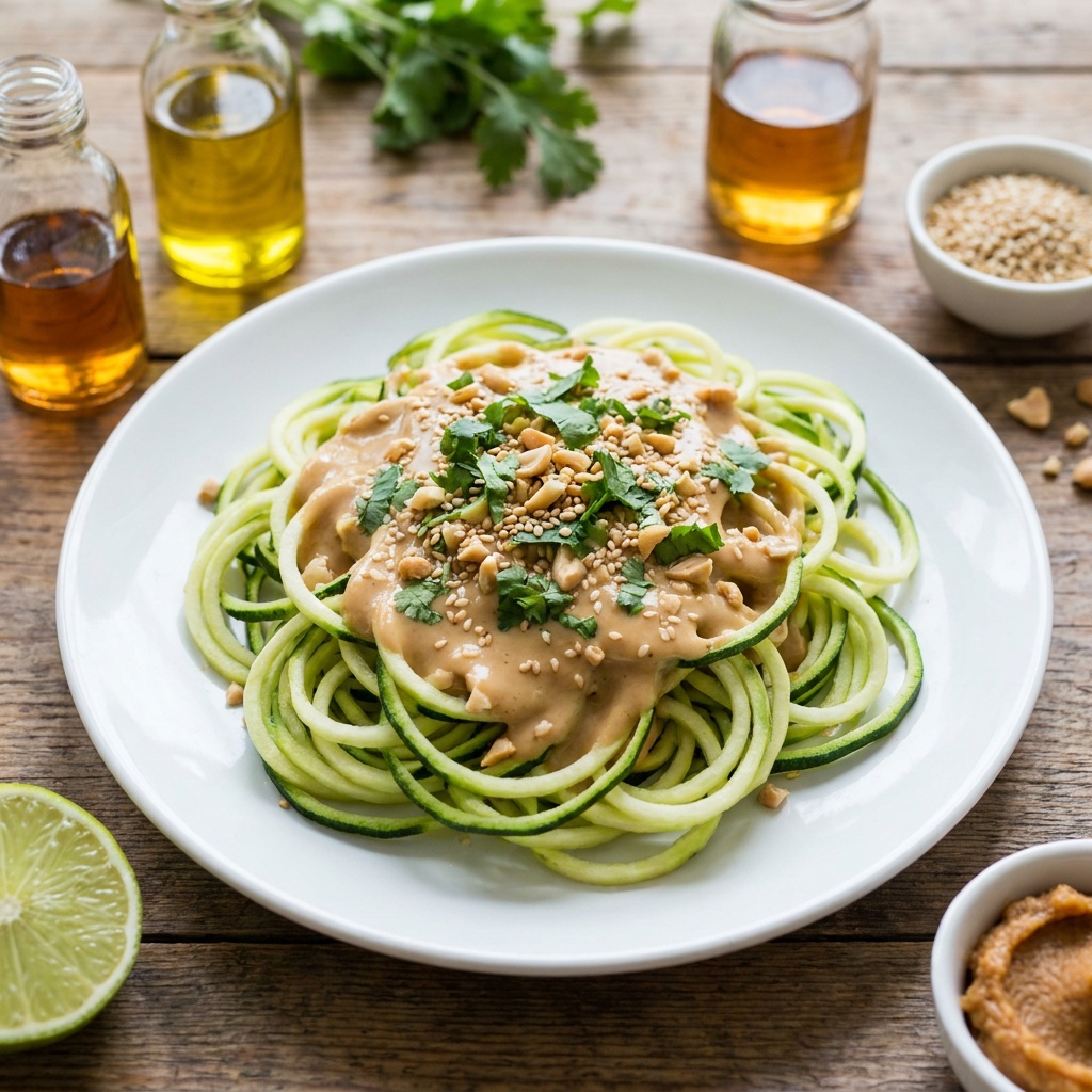 Spaghetti crudi di zucchine, salsa di arachidi al miso