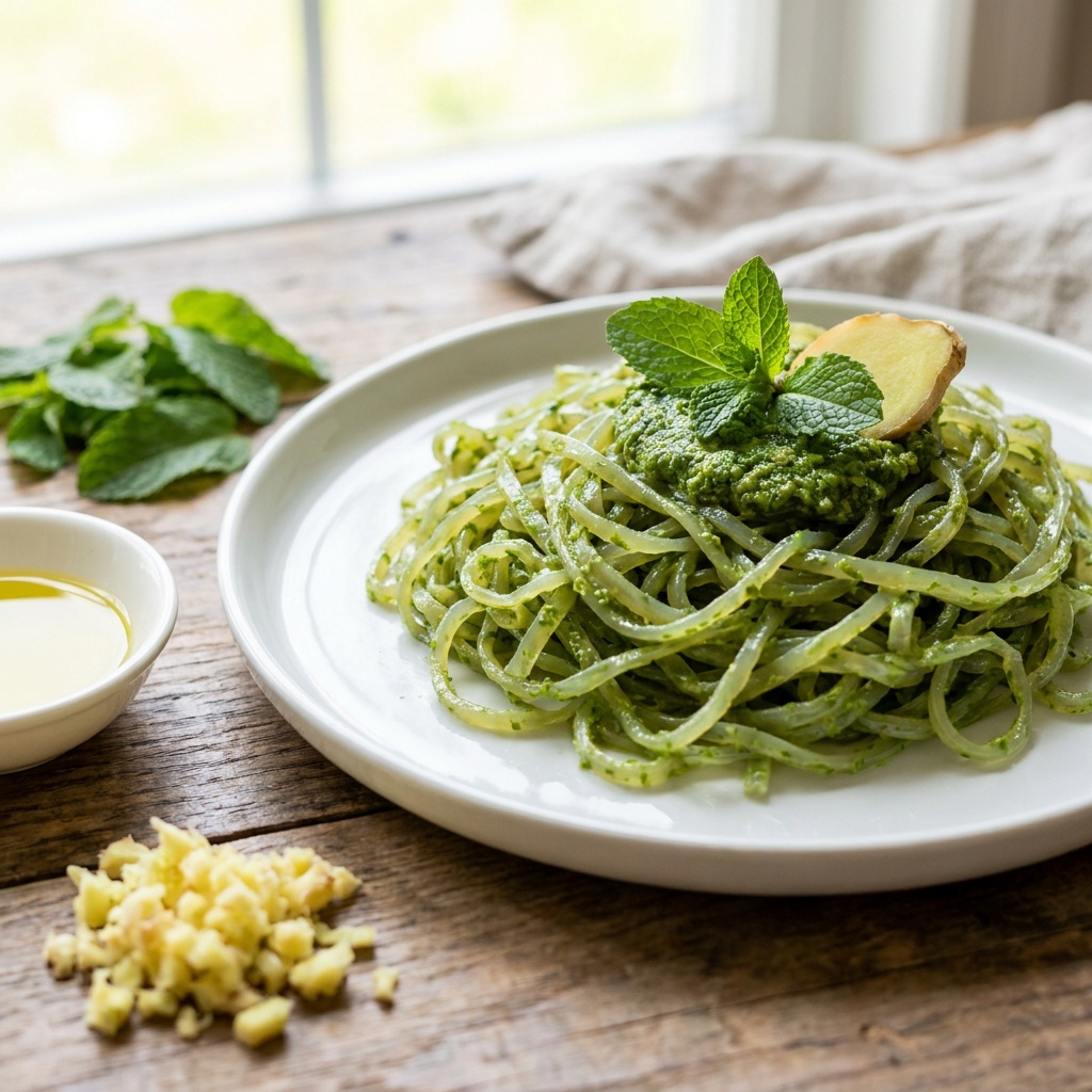 Nouilles d'algues, pesto menthe-gingembre