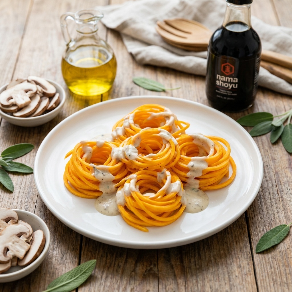 Nids de courge butternut, crème de champignons au vin blanc et sauge