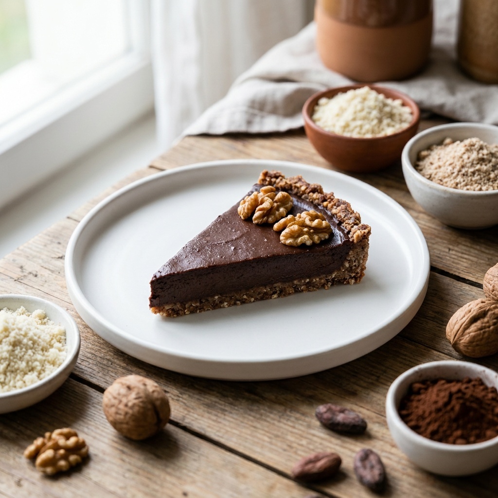 Tarte ganache chocolat-noix et tourbillon cajou-cacao