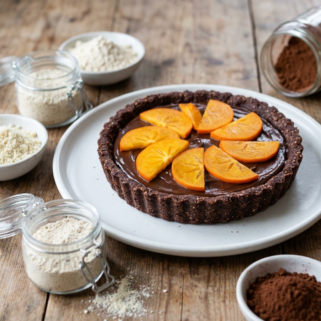 Tarte chocolat-kaki et crème de coco jeune